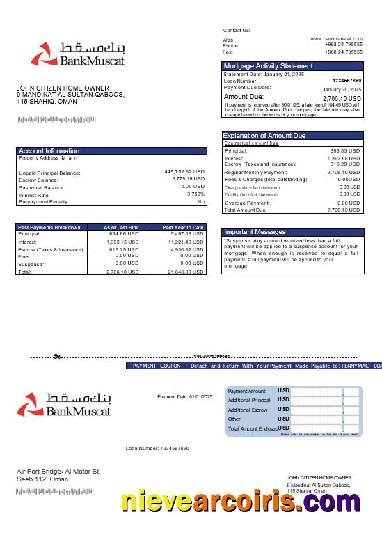 Omani Bank Muscat mortgage statement